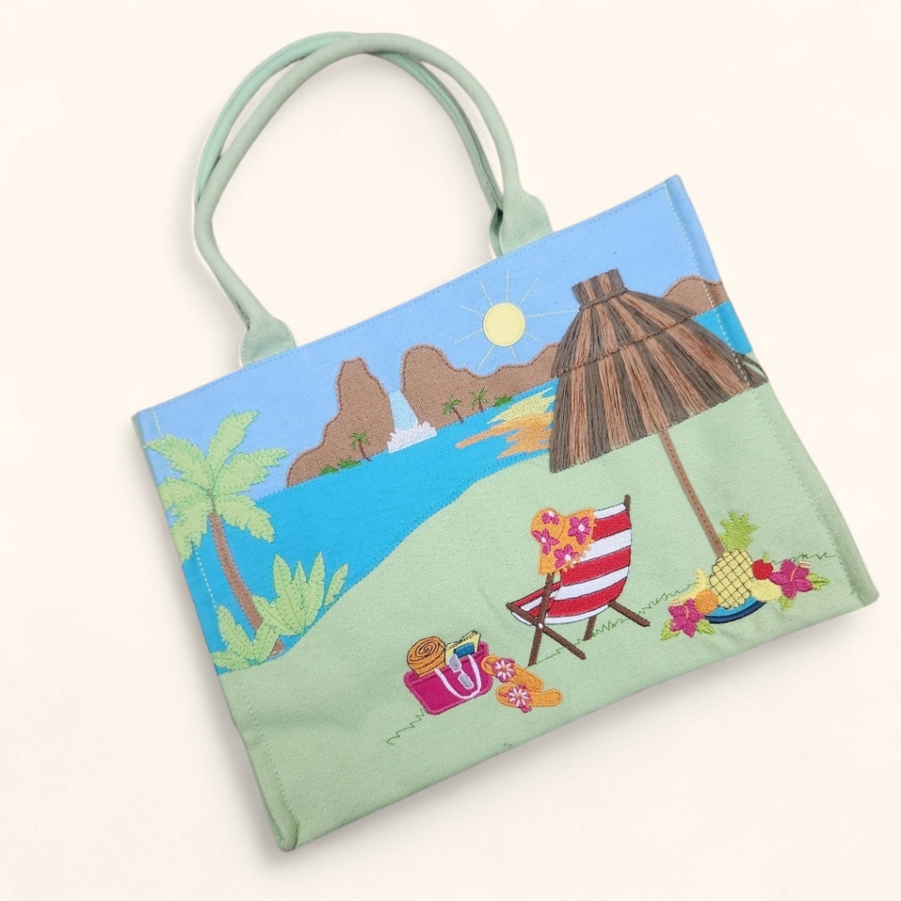 Island Vacation Embroidered Canvas Tote Bag Snap Close Pockets Top Handle  Beach